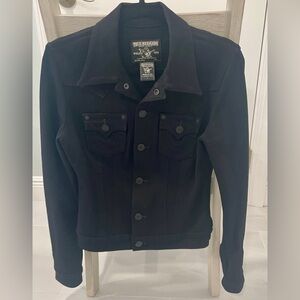 TRUE RELIGION Women Black Stretch Ponte Jimmy Snap Long Sleeve Collar Jacket (L)